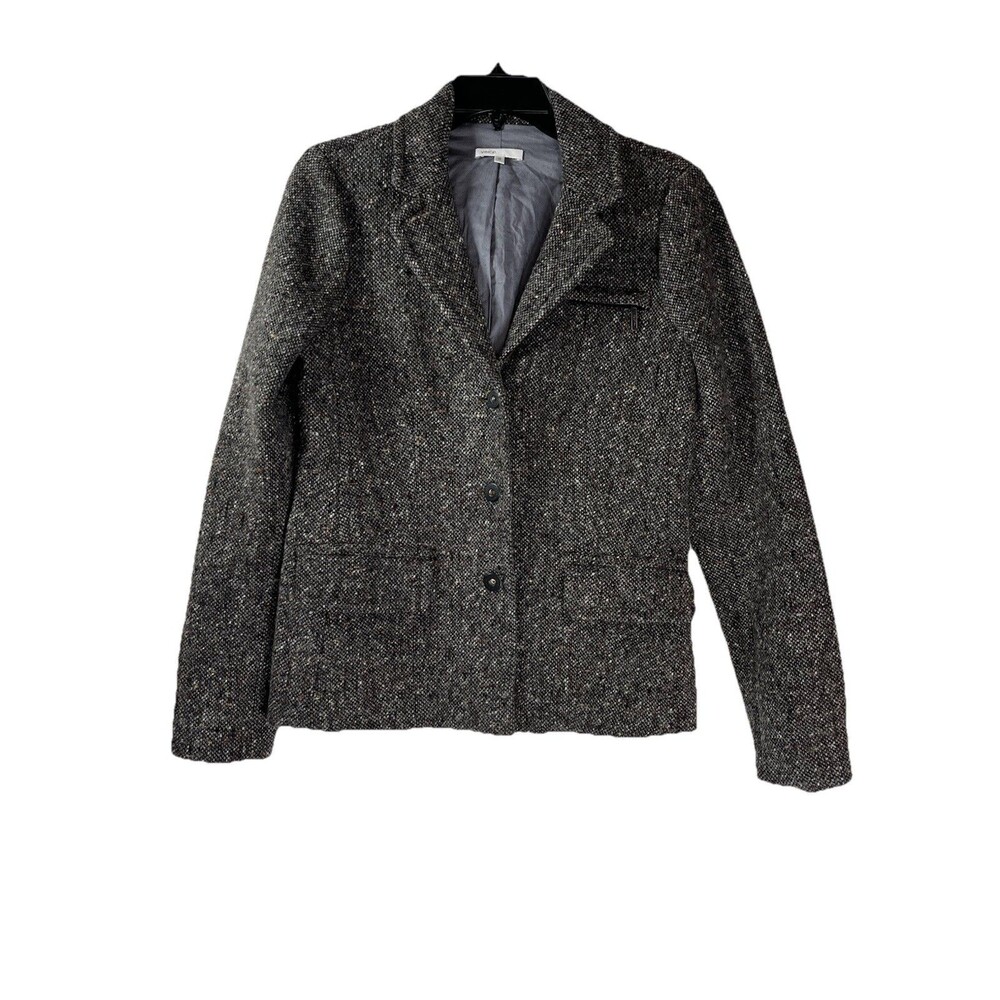 Vince Woven Tweed Jacket Size 10 Grey Black Wool Button Blazer Office Academia
